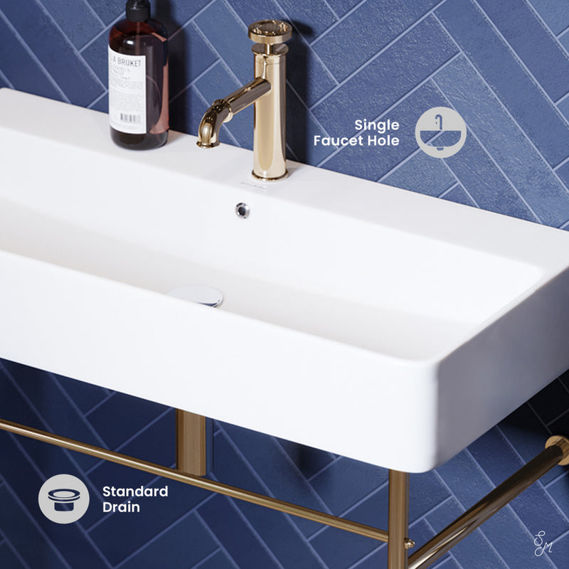 Carre 36 Ceramic Console Sink White Basin Gold Legs