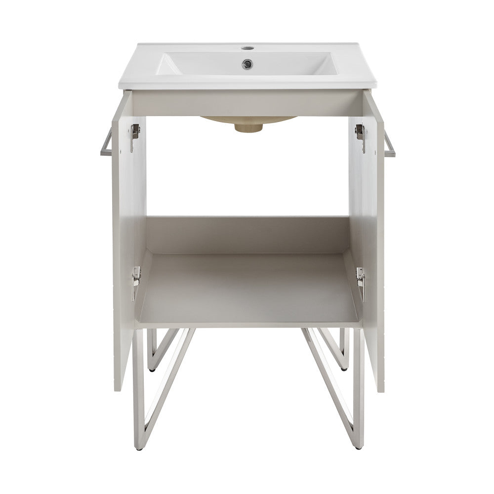 24-inch freestanding bathroom vanity in greige with single sink and open cabinet shelves.