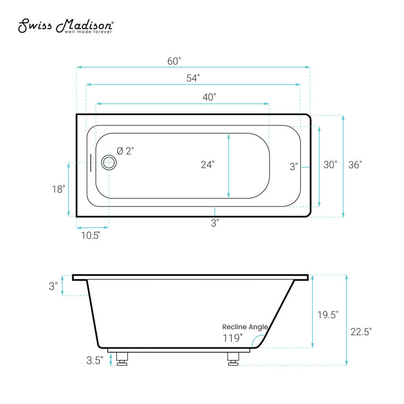 Voltaire 60 x 36 Reversible Drain Soaking Drop-in Bathtub in Glossy White with Integrated Overflow, Drain Included