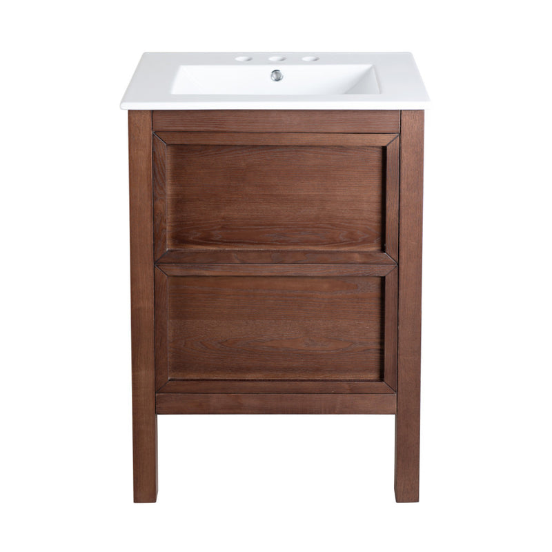 Nadar 24 in. Brown Walnut Bathroom Vanity With White, 3-Hole Ceramic Sink Top