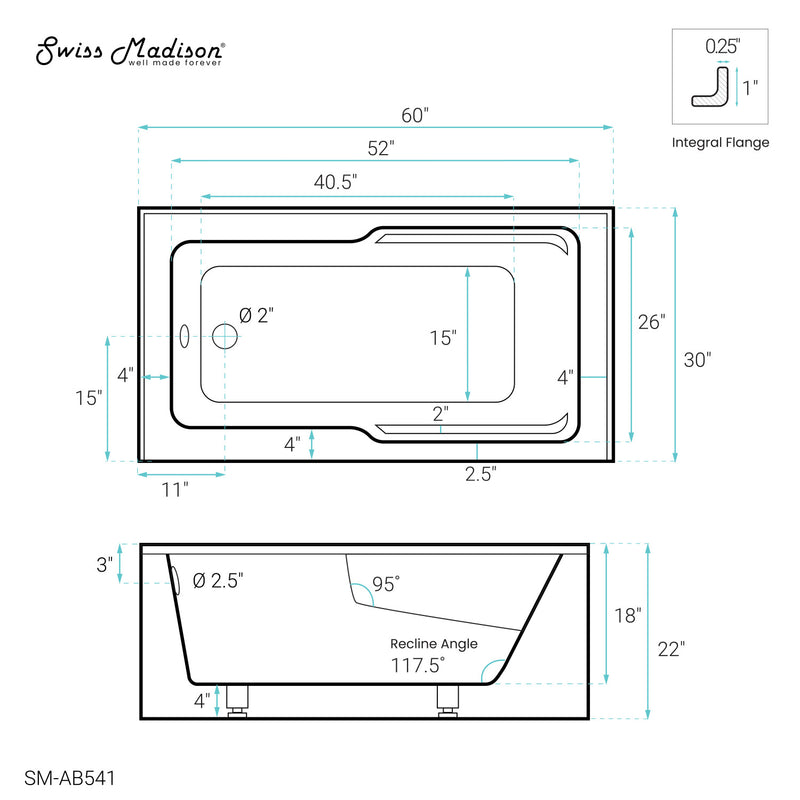 Voltaire 60" x 30" Left-Hand Drain Alcove Bathtub with Apron and Armrest