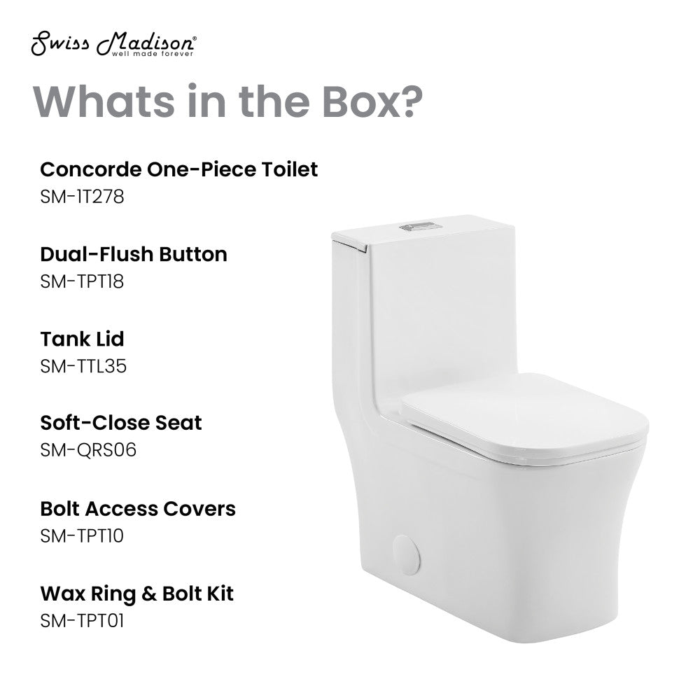 Elongated one-piece toilet with dual flush and soft-close seat, 10" rough-in.