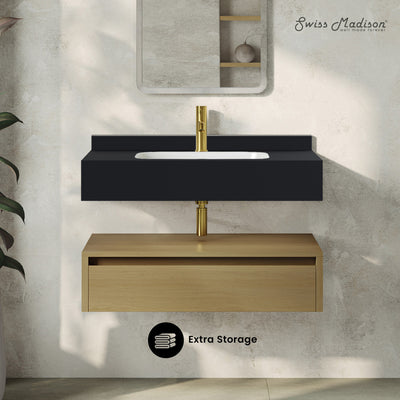 Avancer 36" Wall-Mounted Bathroom Vanity in Natural Oak with Black Marble Sink Top