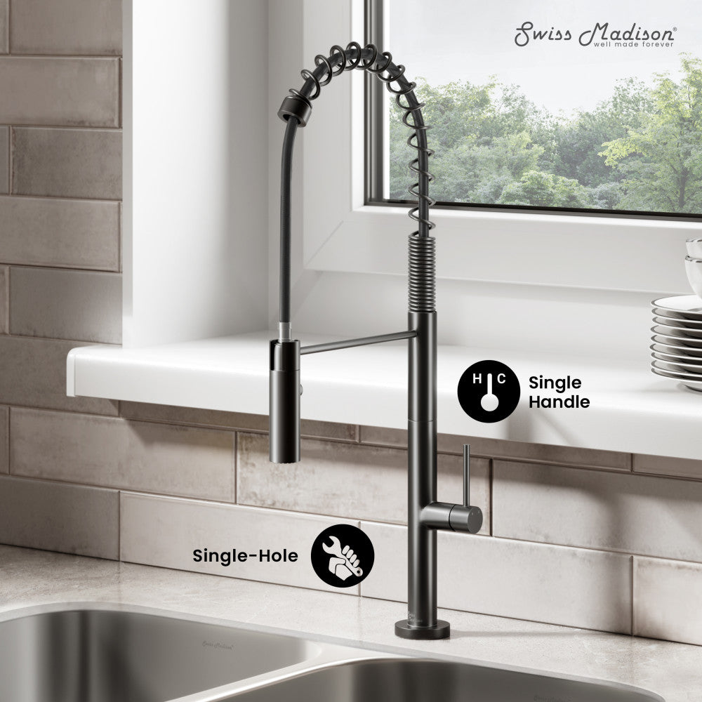 Pull-down kitchen faucet in matte black, single handle, high-arc spring design, single-hole mount.