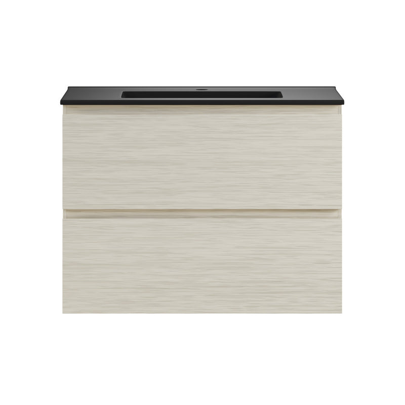 Liberte 30" Wall-Mounted Bathroom Vanity in White Oak with Black Sink Top