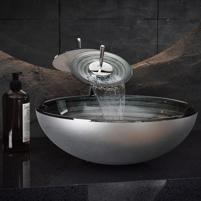 Cascade 16.5 Glass Vessel Sink with Faucet, Smoky Grey