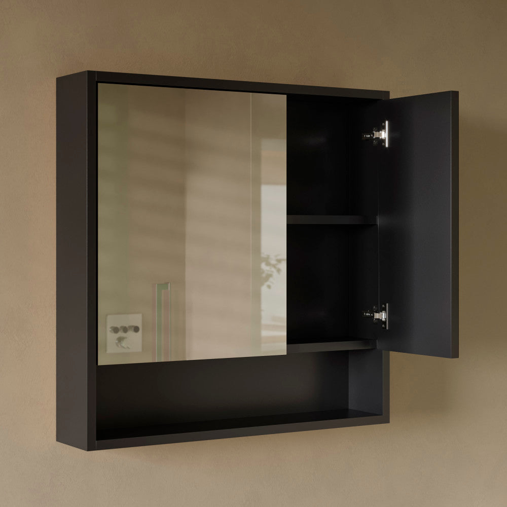 Delice 30 x 30 Rectangle Wall Mount Medicine Cabinet in Satin Black with Open Shelf