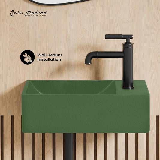 Lisse 16" Concrete Rectangle Wall-Mounted Sink with Right Side Faucet Mount in Matte Royal Green