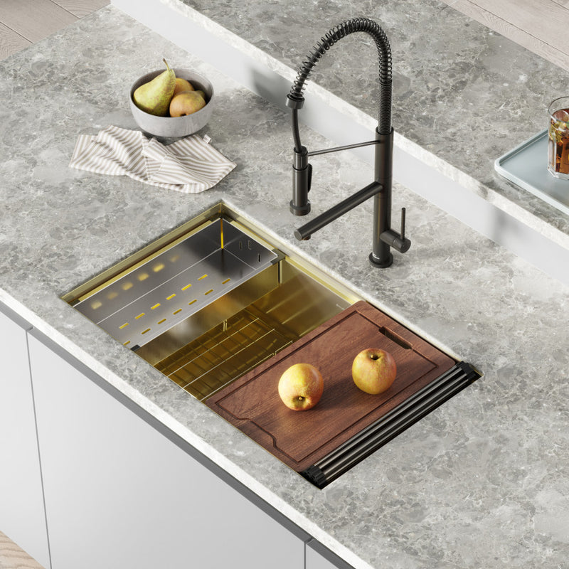 Tourner 32 x 19 Stainless Steel, Single Basin, Undermount Kitchen Workstation Sink in Gold