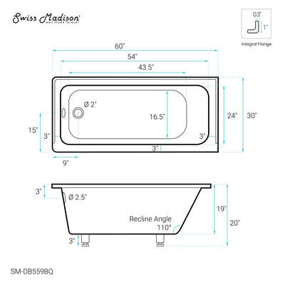 Voltaire 60" x 30" Left-Hand Drain Alcove Bathtub in Bisque