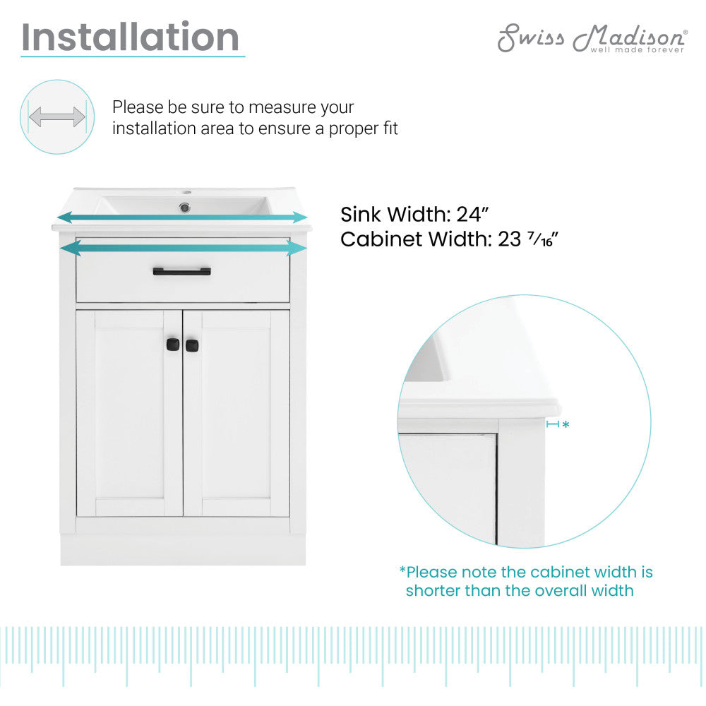 24-inch freestanding white bathroom vanity, single sink, soft-close double doors.