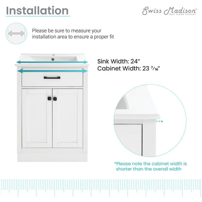 24-inch freestanding white bathroom vanity, single sink, soft-close double doors.