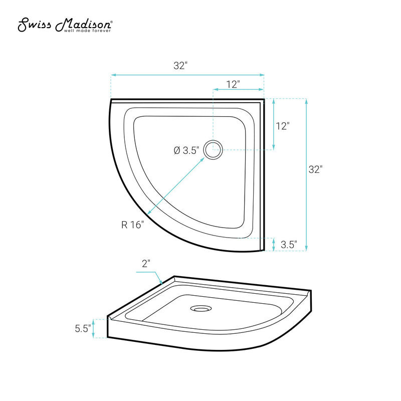 Voltaire 32" x 32" Acrylic White, Single-Threshold, Center Drain, Neo-angle Shower Base