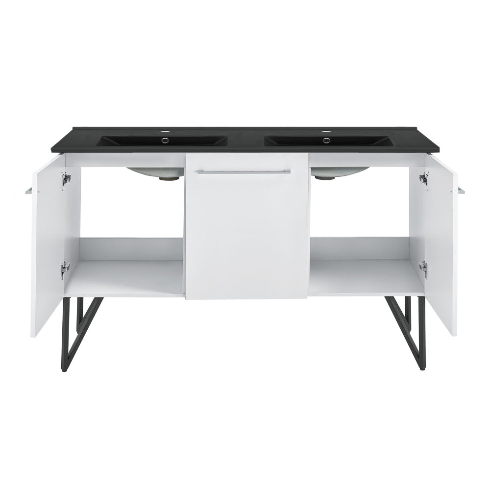 Annecy 60 in. White, Double Basin Bathroom Vanity With Black Artificial Stone Sink Top
