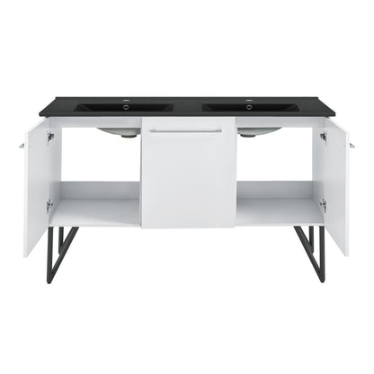 Annecy 60 in. White, Double Basin Bathroom Vanity With Black Artificial Stone Sink Top