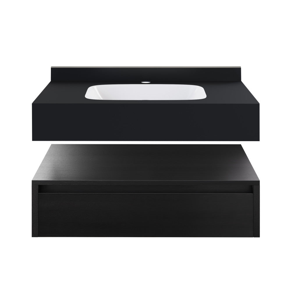 Avancer 36" Wall-Mounted Bathroom Vanity in Black Oak with Black Marble Sink Top