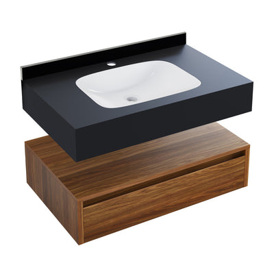 Avancer 36" Wall-Mounted Bathroom Vanity in Brown Oak with Black Marble Sink Top
