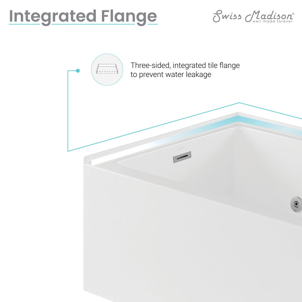 Rectangular white apron-front alcove whirlpool bathtub with right-hand drain, integrated tile flange.