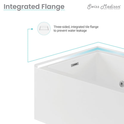 Rectangular white apron-front alcove whirlpool bathtub with right-hand drain, integrated tile flange.