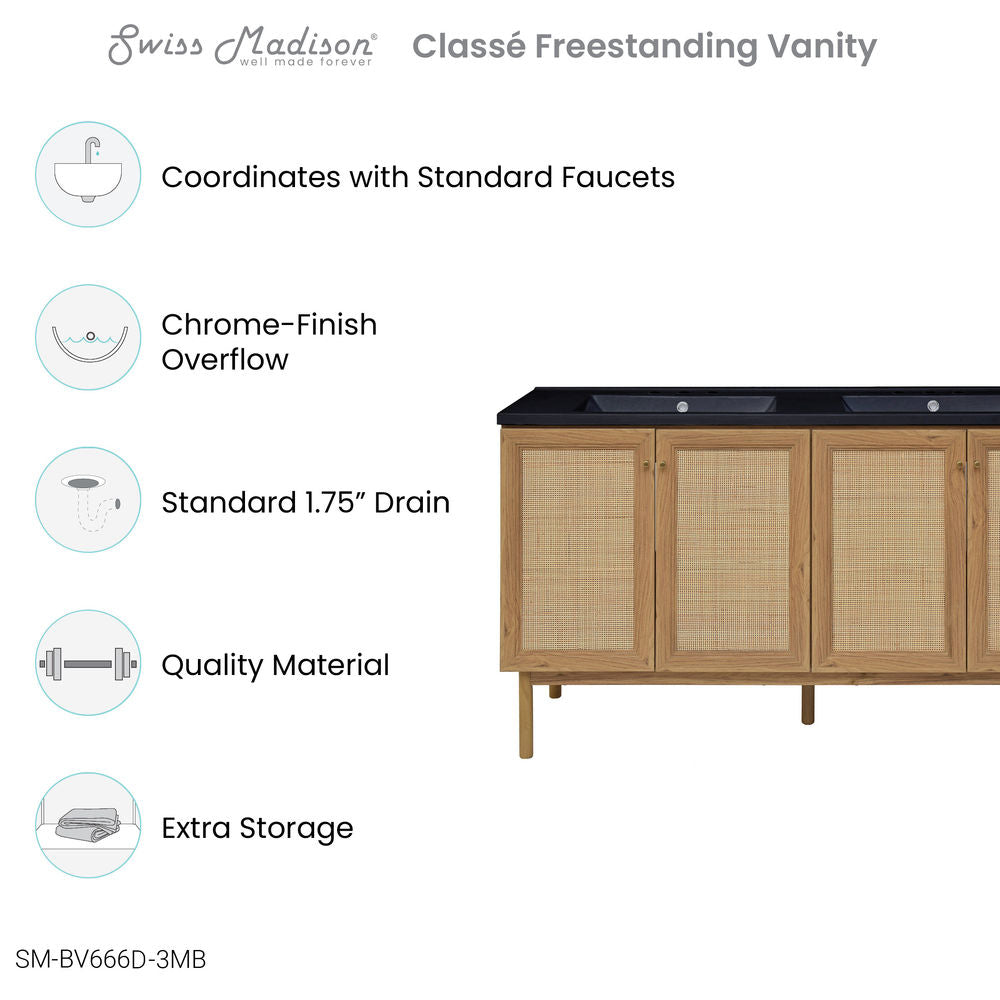 Classe 60" Freestanding Bathroom Vanity in Golden Oak with Black 3-Hole Widespread Double Basin Sink Top