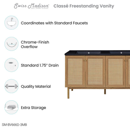 Classe 60" Freestanding Bathroom Vanity in Golden Oak with Black 3-Hole Widespread Double Basin Sink Top