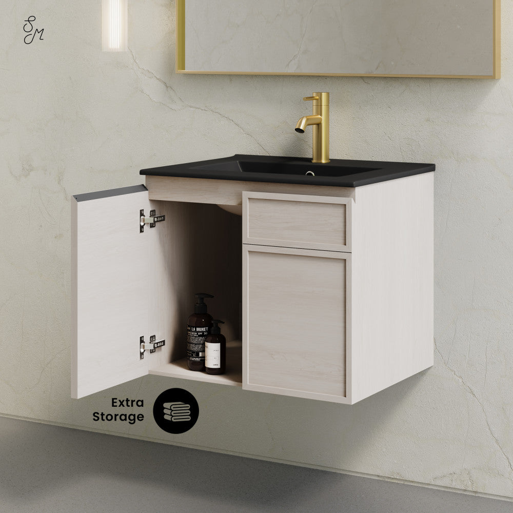 St. Tropez 24" Wall-Mounted Bathroom Vanity in White Oak with Black Sink Top