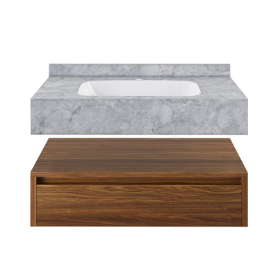 Avancer 36" Wall-Mounted Bathroom Vanity in Brown Oak with Storm Grey Sink Top