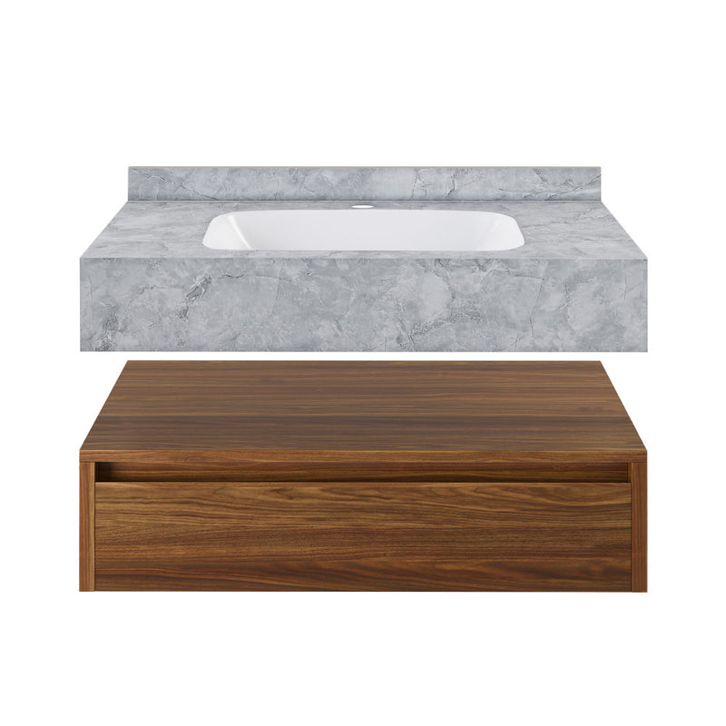 Avancer 36" Wall-Mounted Bathroom Vanity in Brown Oak with Storm Grey Sink Top