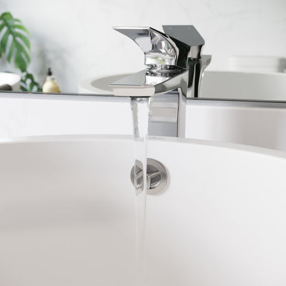 Single-handle high arc bathroom faucet in chrome, flowing water, modern sleek design.