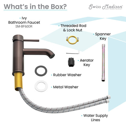 Single-handle bathroom faucet in oil rubbed bronze with threaded rod, lock nut, and water supply lines.