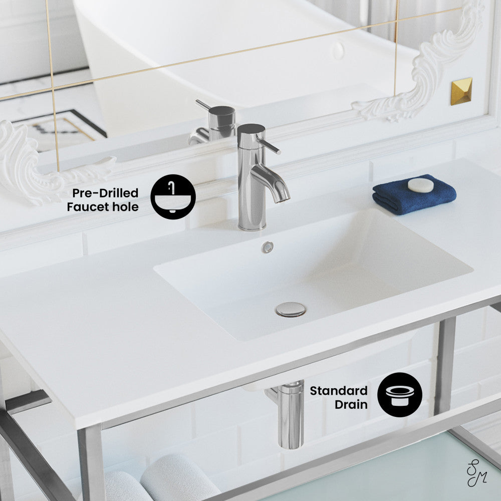 Pierre 36" Open Shelf Chrome Frame Wall-Mounted Bathroom Vanity with Sink Top