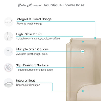 Aquatique 60" x 32" Single Threshold Shower Base With Left Hand Drain and Integral Right Hand Seat in Biscuit