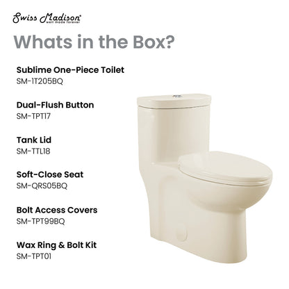 Elongated one-piece toilet in bisque, dual-flush, soft-close seat, modern streamlined design.