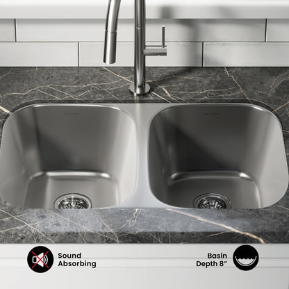 Toulouse 32 x 19 Low Divide Stainless Steel, Dual Basin, Under-Mount Kitchen Sink