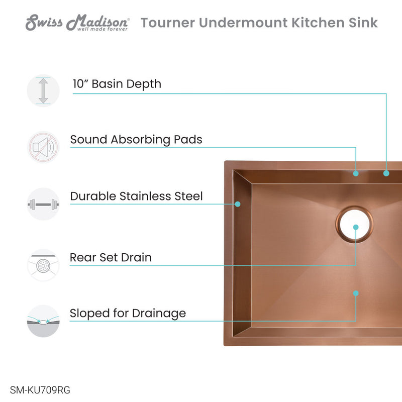 Tourner 27 x 19 Stainless Steel, Single Basin, Undermount Kitchen Sink in Rose Gold
