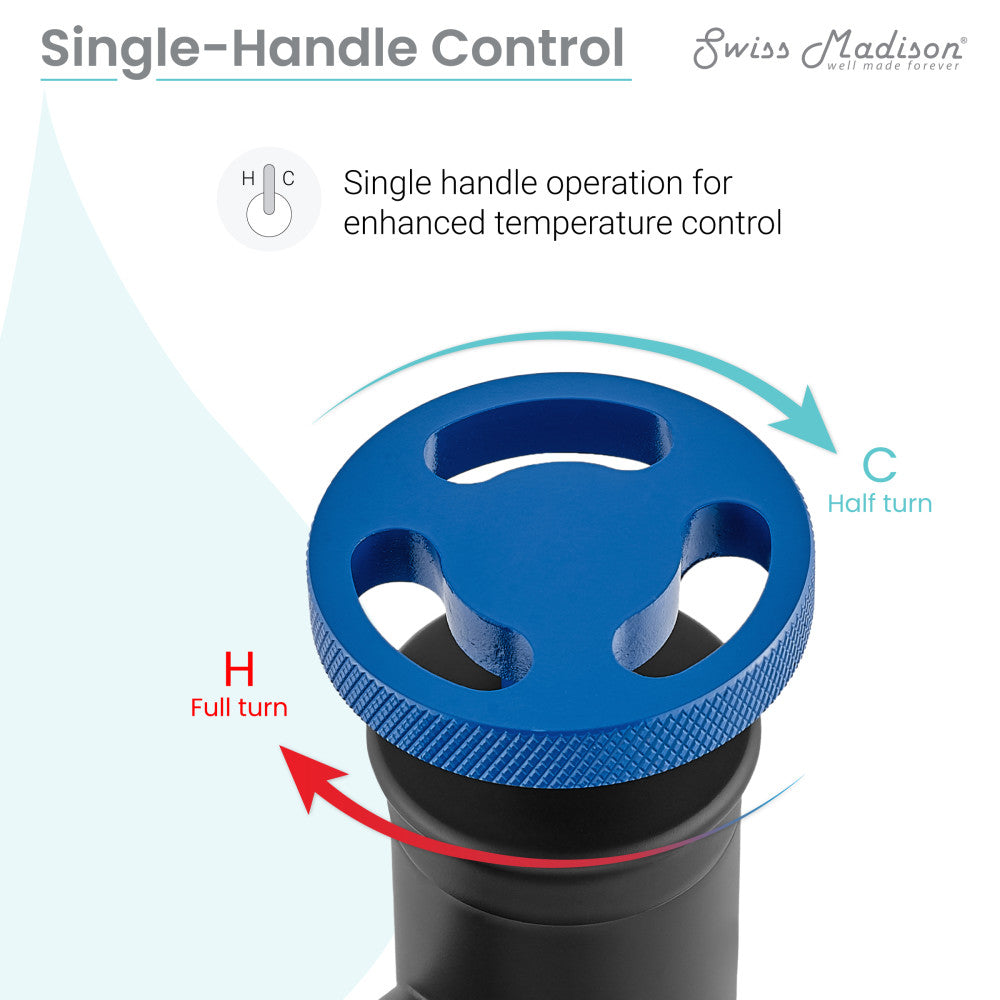 Single-handle bathroom faucet in matte black with blue wheel handle, single-hole mount.