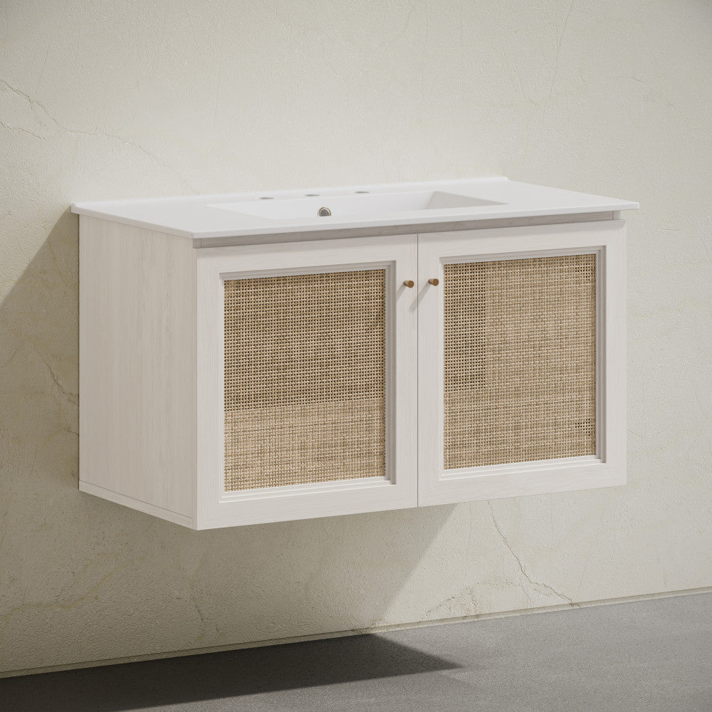 Classe 36" Wall-Mounted Bathroom Vanity in White Oak with Widespread Faucet Holes Vanity Top