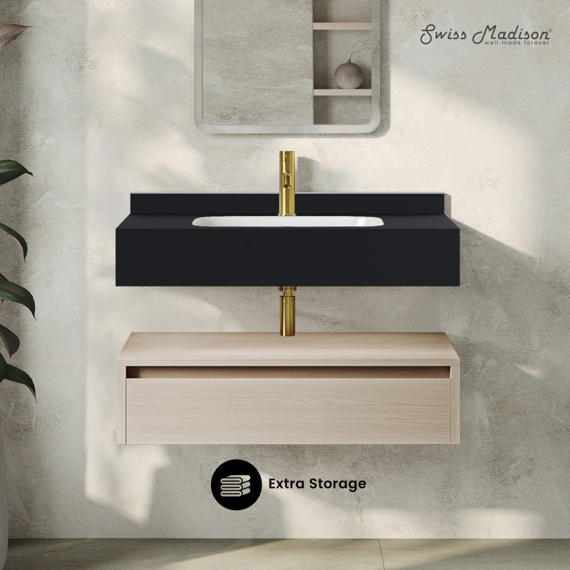 Avancer 36" Wall-Mounted Bathroom Vanity in White Oak with Black Marble Sink Top