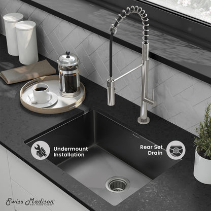 23x18-inch black stainless steel undermount kitchen sink with single basin and rear set drain.