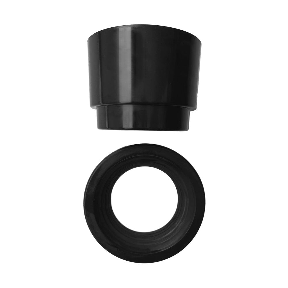 Black in-wall carrier flush seal replacement parts for toilets, consisting of two rubber components.