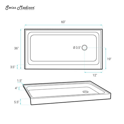 Voltaire 60" x 36" Acrylic Black, Single-Threshold, Right Drain, Shower Base