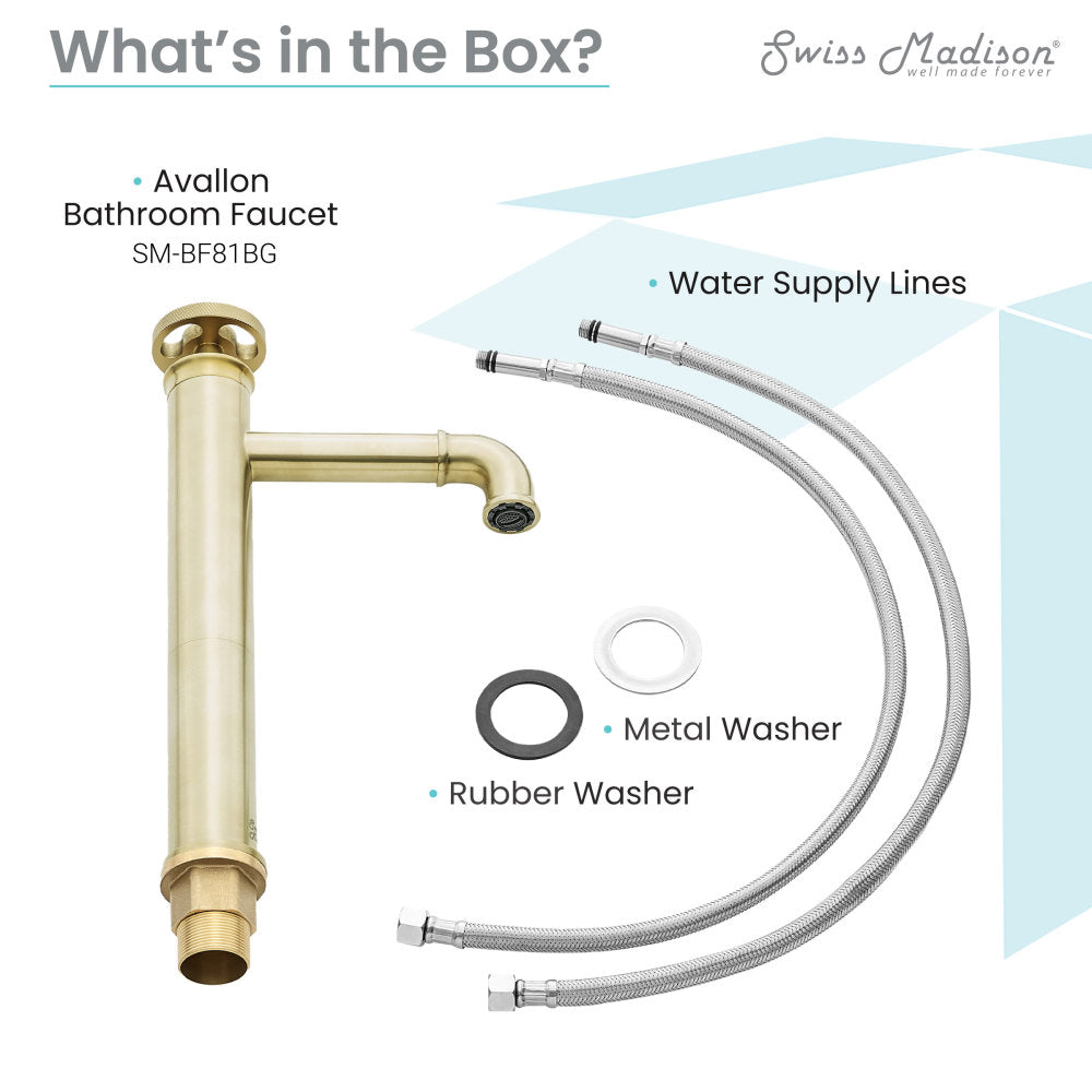 Single-handle high arc bathroom faucet in brushed gold with water supply lines and washers.