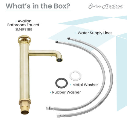 Single-handle high arc bathroom faucet in brushed gold with water supply lines and washers.