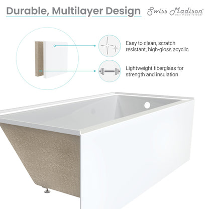 Alcove skirted bathtub 60x30 inch with right-hand drain, apron front, white acrylic finish.