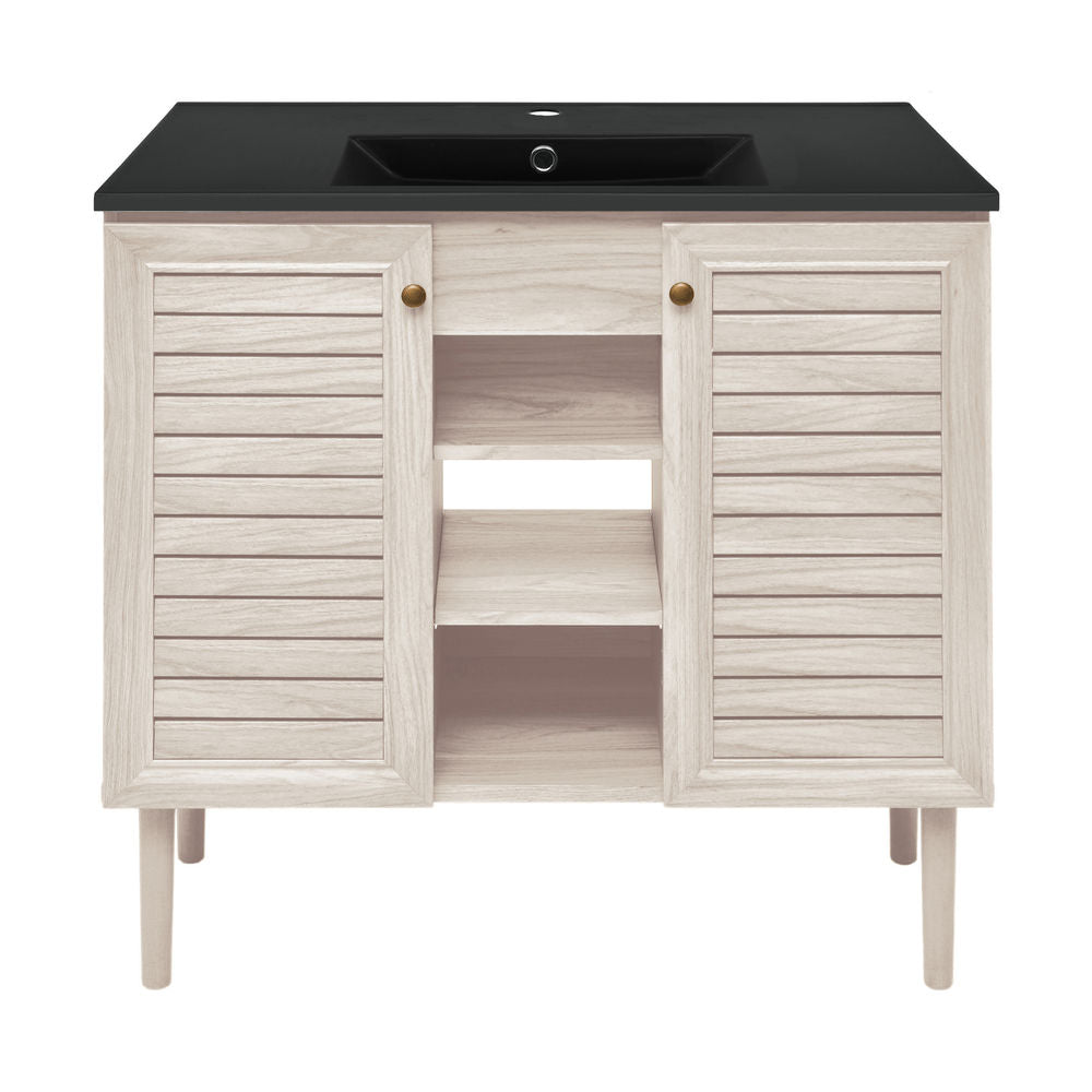 Bron 36" Freestanding Bathroom Vanity in White Oak with Black Sink Top