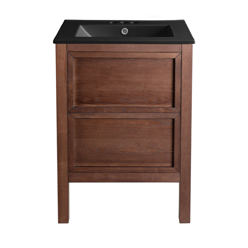 Nadar 24 in. Brown Walnut Bathroom Vanity With Black, 3-Hole Ceramic Sink Top