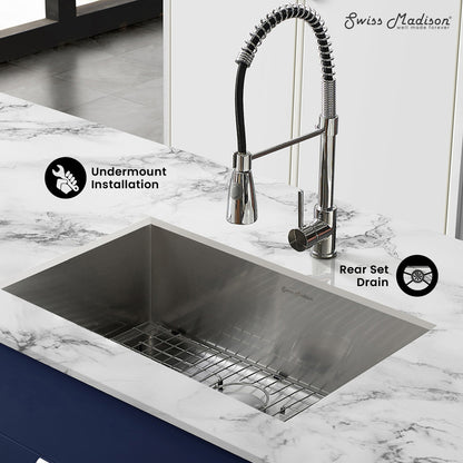 27 x 19 stainless steel single basin undermount kitchen sink with rear set drain and wire rack.