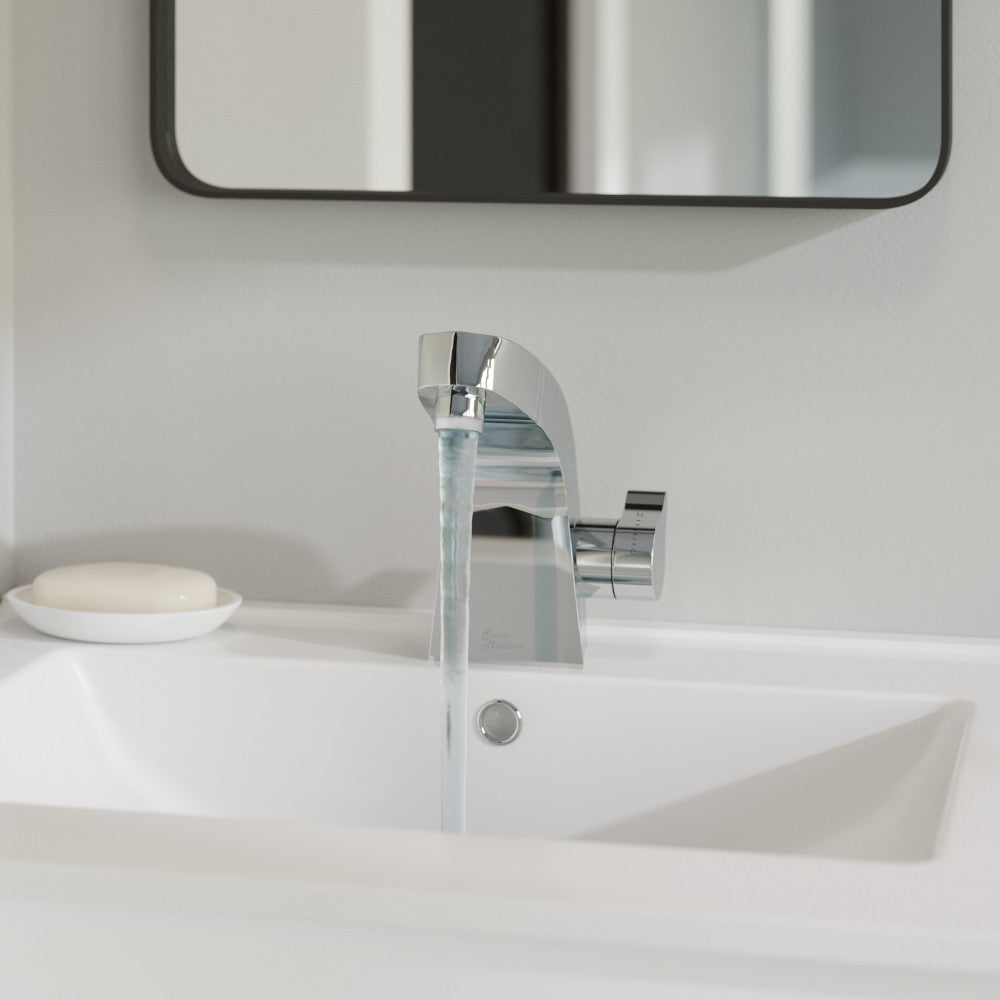 Single-handle bathroom faucet in chrome with modern curved spout and lever handle on white sink.