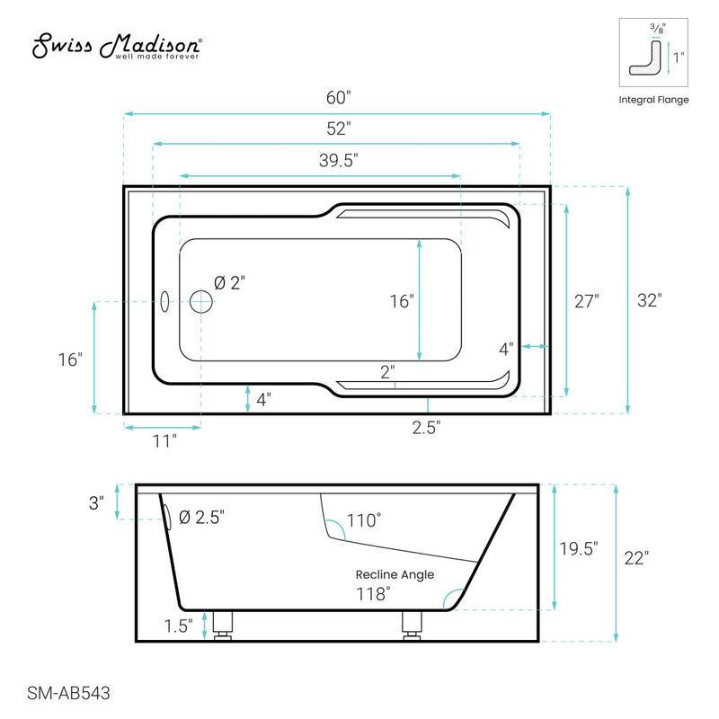 Voltaire 60" x 32" Left-Hand Drain Alcove Bathtub with Apron and Armrest