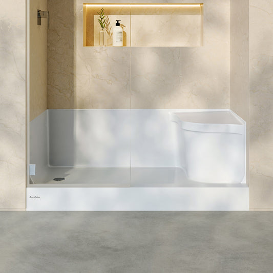 Aquatique 60" x 32" Single Threshold Shower Base With Left Hand Drain and Integral Right Hand Seat in White